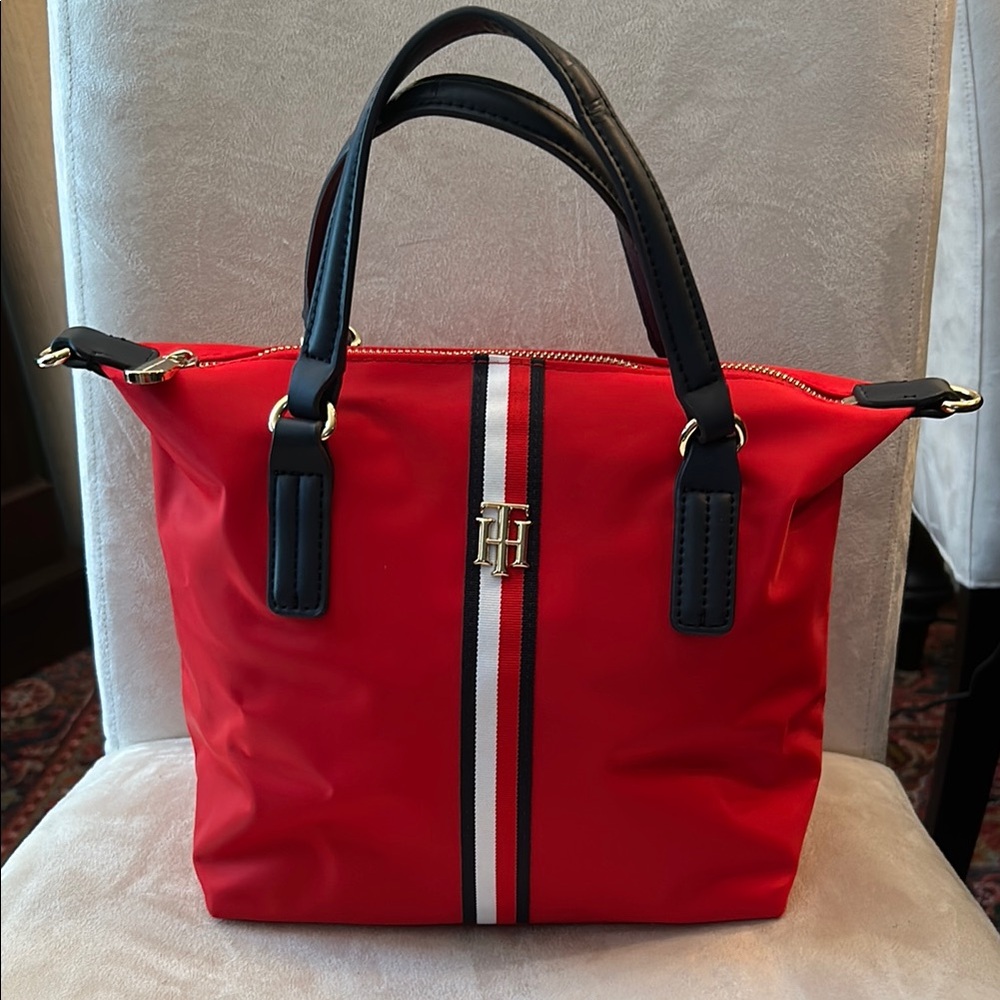 Tommy Hilfiger Red Nylon Satchel with Navy Trim and Signature Stripe